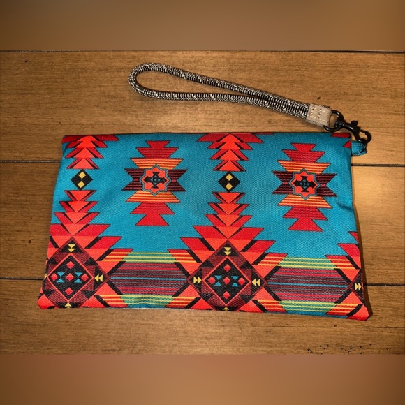 Kavu Bifold Clutch Wallet Wristlet Teal Orange Geometric Bag Purse Aztec Print - Picture 3 of 8